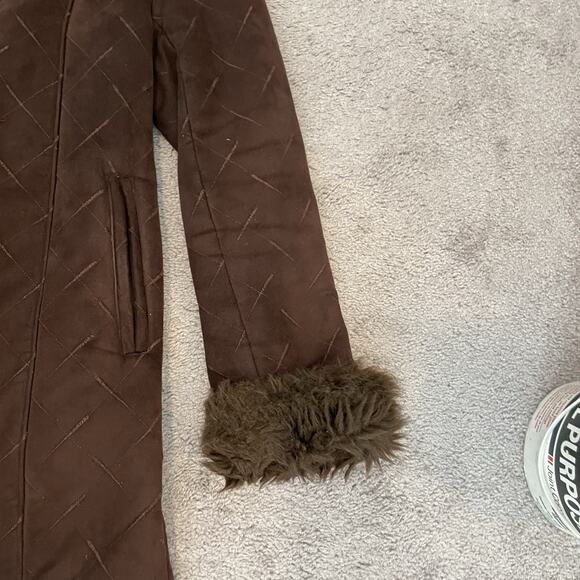 Y2K Faux Suede Fur Trim Hooded Coat Zip Up Women’s Medium 2000s VTG Brown Jacket - Picture 7 of 16